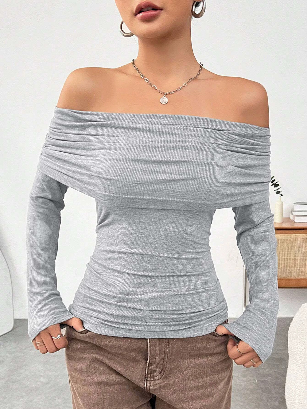ZARA Sexy Off Shoulder Slim Fit Knit Long Sleeve Top Fall Winter